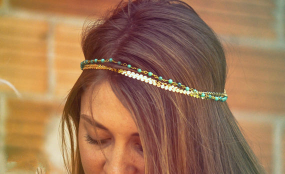 Retro Fashion Woman Bohemia Alloy Sequins Beads Turquoise Multilayer Chain Headband Hair Accessories