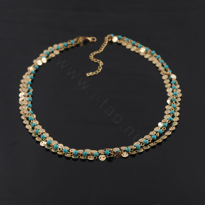 Retro Fashion Woman Bohemia Alloy Sequins Beads Turquoise Multilayer Chain Headband Hair Accessories
