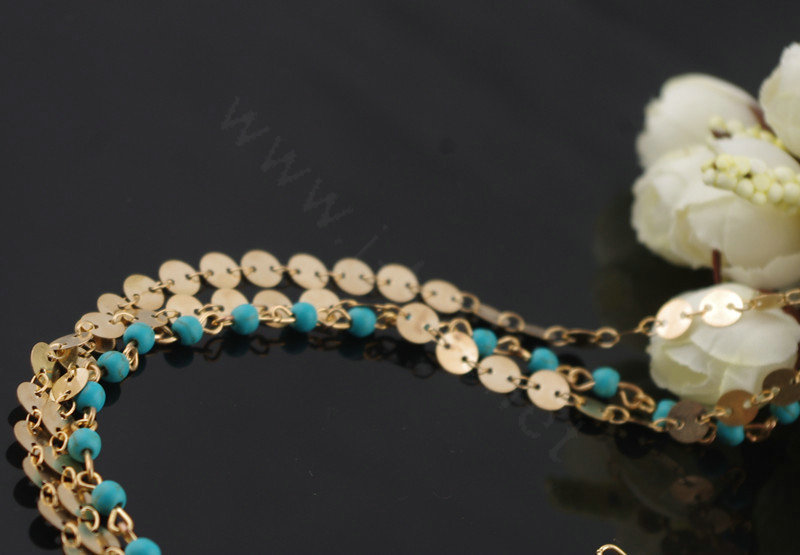 Retro Fashion Woman Bohemia Alloy Sequins Beads Turquoise Multilayer Chain Headband Hair Accessories