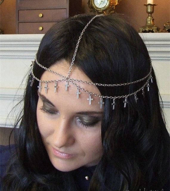 Retro Fashion Woman Double layer Delicate Alloy Cross Tassel Chain Gold Plated Hair Headband Accessories