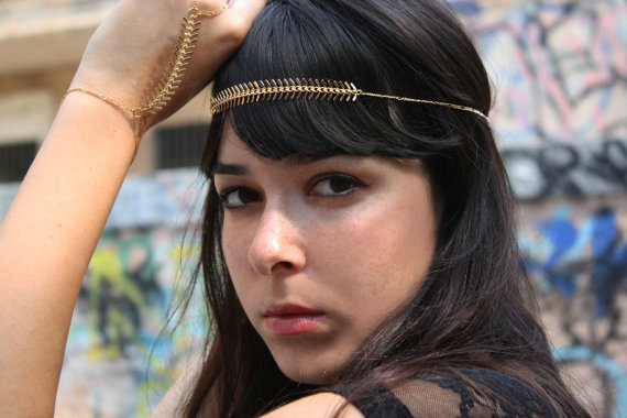 Retro Fashion Woman Fishbone Alloy Chain Gold Plated Punk Headband Hair Accessories