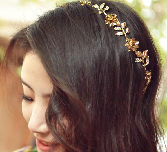 Retro Fashion Woman Gold Plated Crystal Golden Flower Leaves Hair Headband Accessories Dress Party
