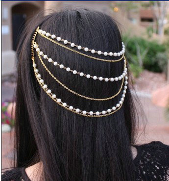 Retro Fashion Woman Golden Alloy Pearl Multilayer Tassel Chain Headband Hair Comb Accessories