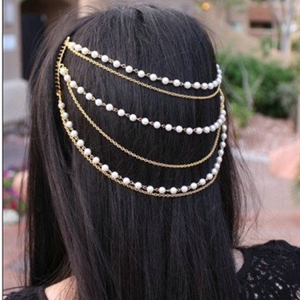 Retro Fashion Woman Golden Alloy Pearl Multilayer Tassel Chain Headband Hair Comb Accessories