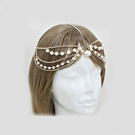 Retro Fashion Woman Golden Alloy Pearl Multilayer Tassel Chain Headband Princess Hair Accessories