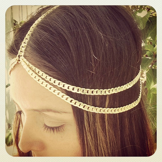 Retro Fashion Woman Multilayer Wide Tassel Chain Gold Plated Alloy Punk Hair Headband Accessories