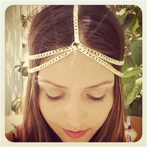 Retro Fashion Woman Multilayer Wide Tassel Chain Gold Plated Alloy Punk Hair Headband Accessories