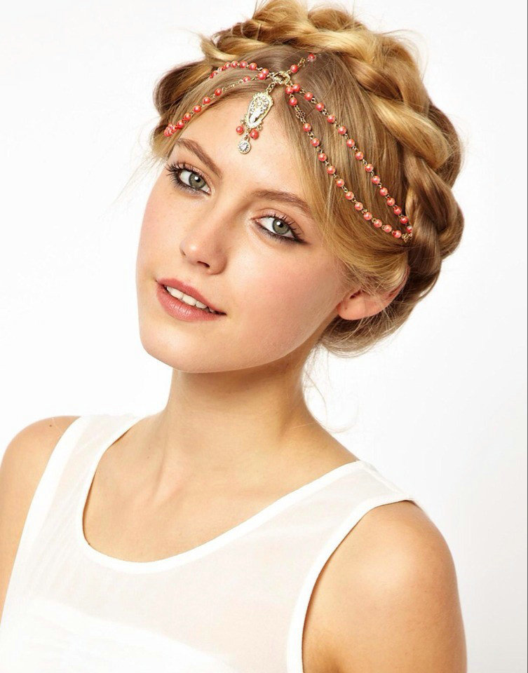Retro Fashion Woman Orange Beads Crystal Pendant Alloy Multilayer Tassel Chain Headband Hair Accessories