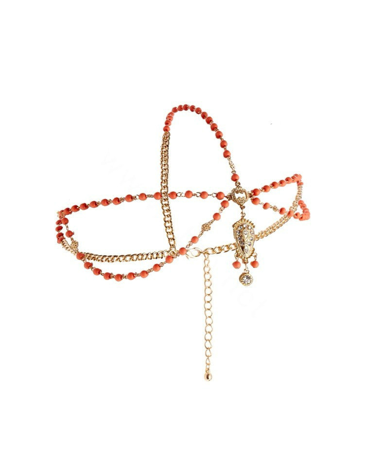 Retro Fashion Woman Orange Beads Crystal Pendant Alloy Multilayer Tassel Chain Headband Hair Accessories