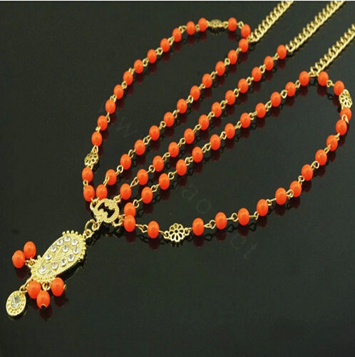 Retro Fashion Woman Orange Beads Crystal Pendant Alloy Multilayer Tassel Chain Headband Hair Accessories