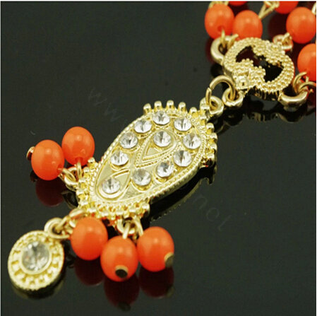 Retro Fashion Woman Orange Beads Crystal Pendant Alloy Multilayer Tassel Chain Headband Hair Accessories