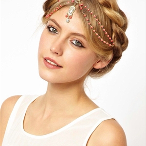 Retro Fashion Woman Orange Beads Crystal Pendant Alloy Multilayer Tassel Chain Headband Hair Accessories