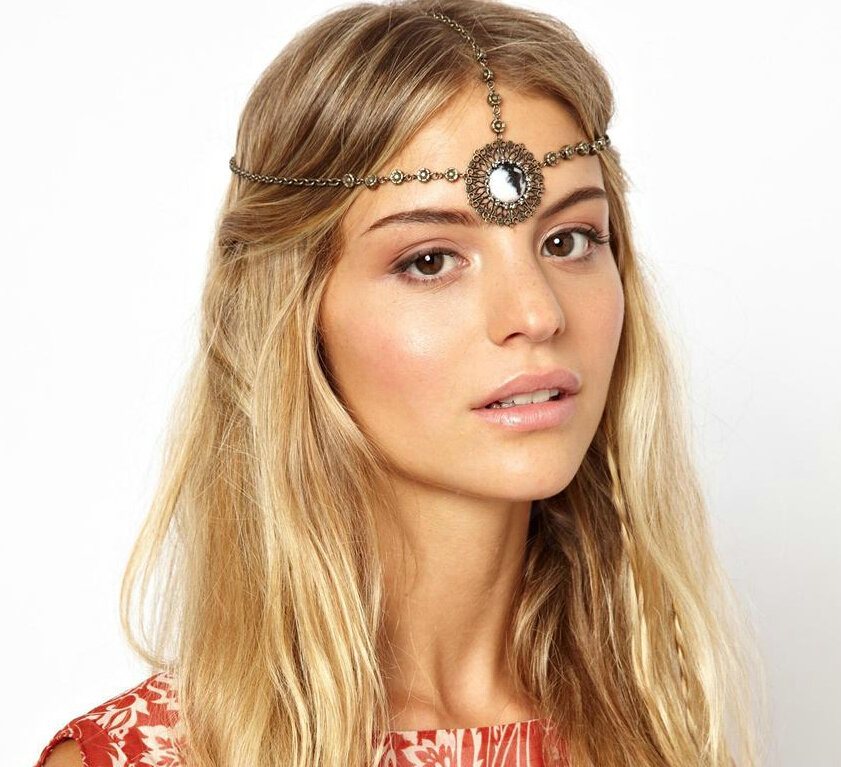 Retro Fashion Woman Rhinestones Hollow Flower Alloy Chain Goddess Hair Band Accessories