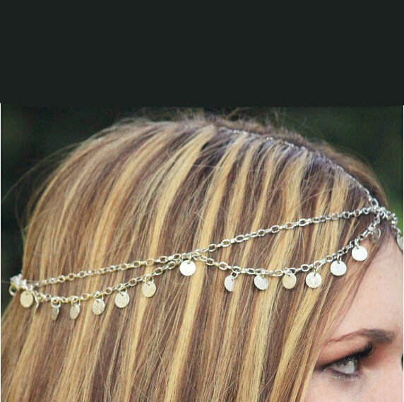 Retro Fashion Woman Silver Alloy Bling Tassel Sequins Double layer Chain Headband Hair Accessories