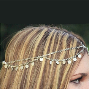 Retro Fashion Woman Silver Alloy Bling Tassel Sequins Double layer Chain Headband Hair Accessories