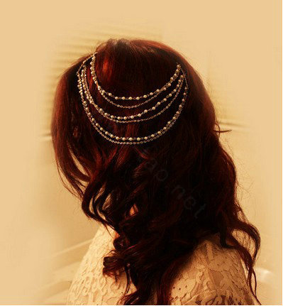 Retro Fashion Woman Silver Alloy Pearl Multilayer Tassel Chain Headband Hair Comb Accessories