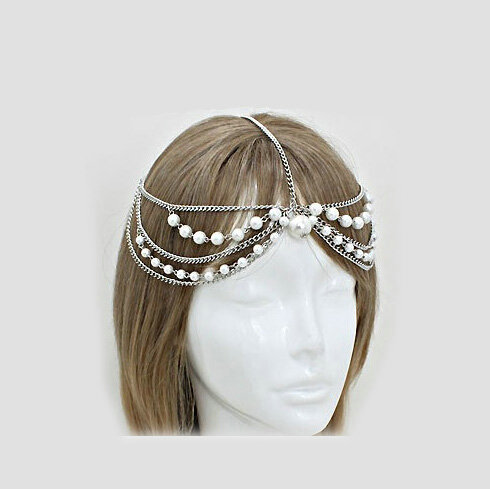 Retro Fashion Woman Silver Alloy Pearl Multilayer Tassel Chain Headband Princess Hair Accessories