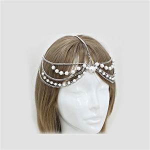 Retro Fashion Woman Silver Alloy Pearl Multilayer Tassel Chain Headband Princess Hair Accessories