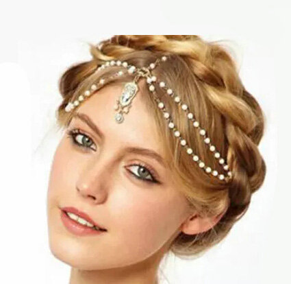 Retro Fashion Woman White Beads Crystal Pendant Alloy Multilayer Tassel Chain Headband Hair Accessories