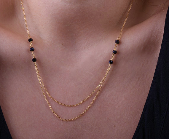 Retro Fashion Women Double layer Gold-plated Metal Black Crystal Tassel Necklace Clavicle Chain