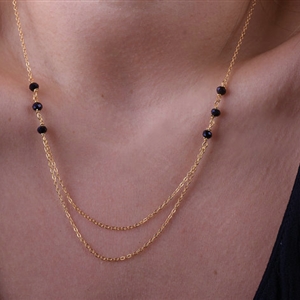 Retro Fashion Women Double layer Gold-plated Metal Black Crystal Tassel Necklace Clavicle Chain