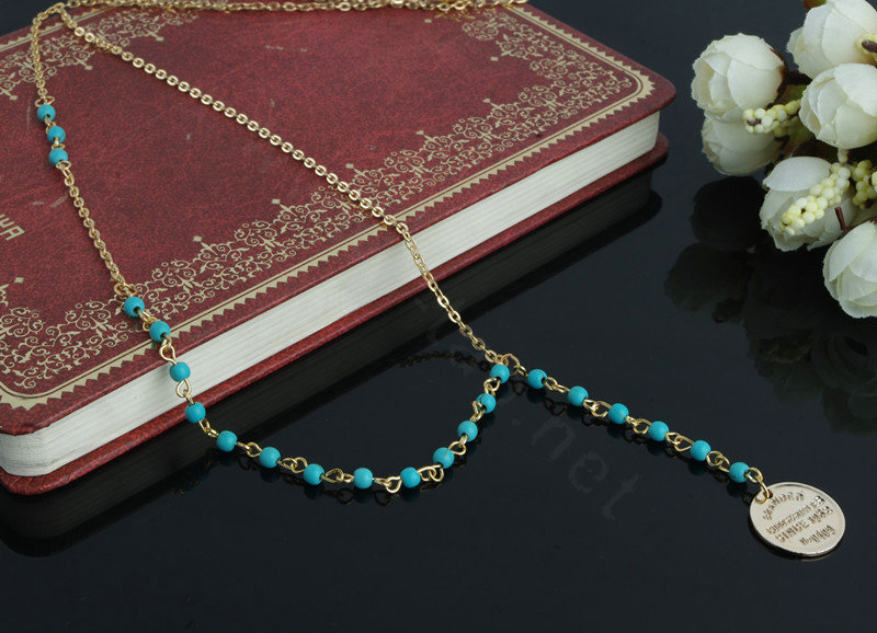 Retro Fashion Women Long Handmade Beaded Turquoise Gold-plated Metal Sequins Necklace Clavicle Chain