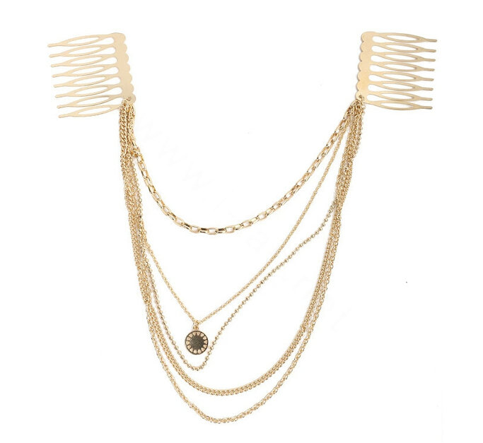 Retro National wind Woman Alloy Circular Mark Multilayer Tassel Chain Headband Hair Comb Accessories