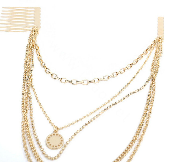 Retro National wind Woman Alloy Circular Mark Multilayer Tassel Chain Headband Hair Comb Accessories