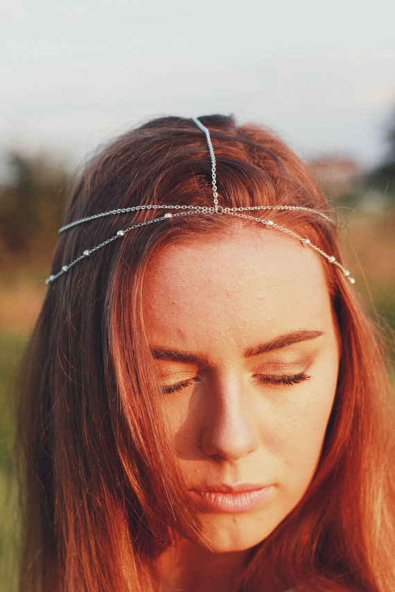 Retro Simple Forest Woman Silver Alloy Copper Beads Two layer Tassel Chain Headband Hair Accessories