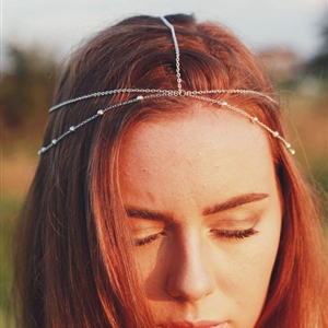 Retro Simple Forest Woman Silver Alloy Copper Beads Two layer Tassel Chain Headband Hair Accessories