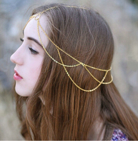 Retro Simple Woman Multilayer Tassel Chain Gold Plated Alloy Hair Headband Accessories