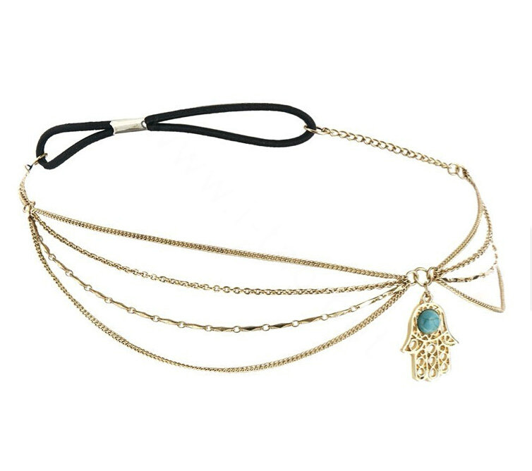 Retro Woman Blue Gem Hands of Fatima Pendant Alloy Multilayer Tassel Chain Headband Hair Accessories