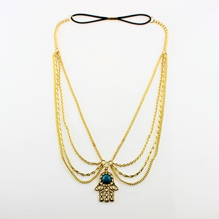 Retro Woman Blue Gem Hands of Fatima Pendant Alloy Multilayer Tassel Chain Headband Hair Accessories
