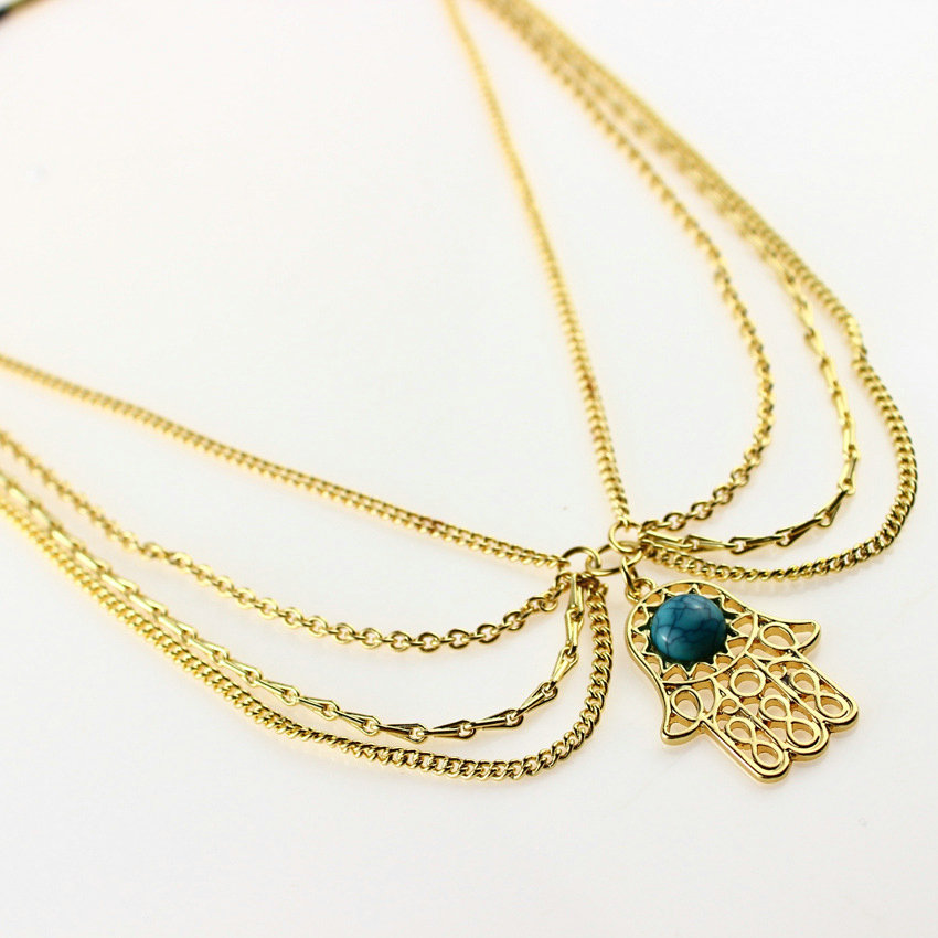 Retro Woman Blue Gem Hands of Fatima Pendant Alloy Multilayer Tassel Chain Headband Hair Accessories