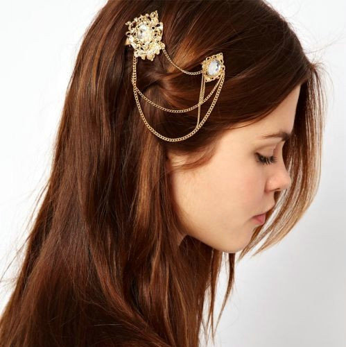 Retro Woman Gold Plated Alloy Crystal Pearl Hollow Flower Tassel Edge Side Clip Hair pin Accessories