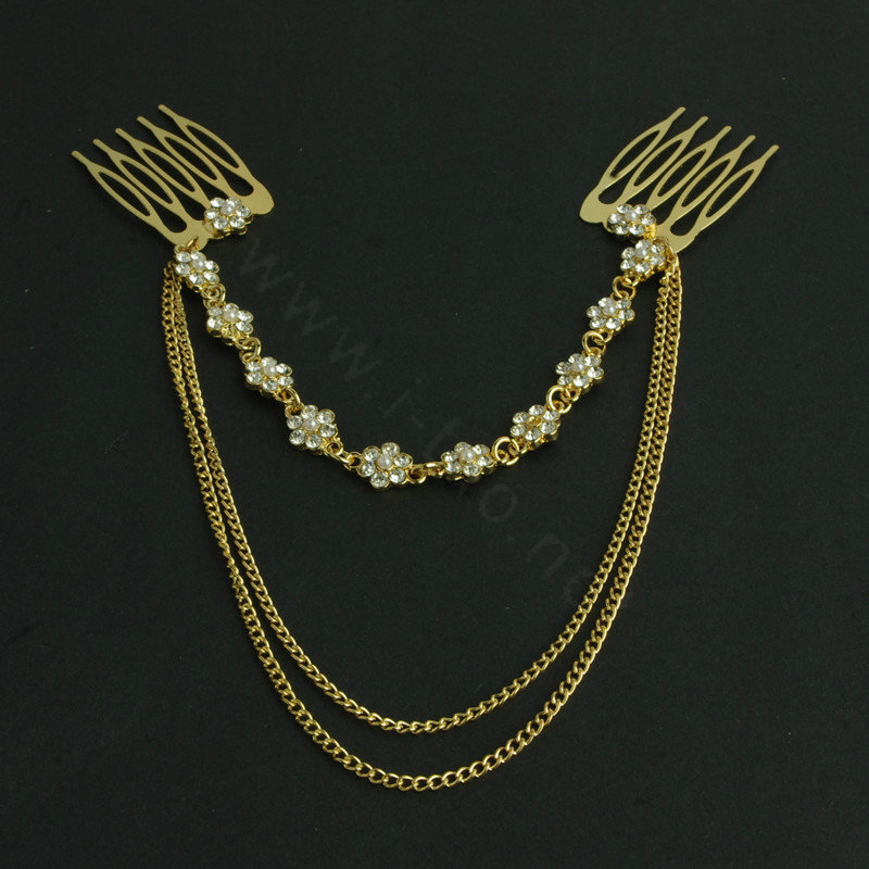 Retro Woman Gold Plated Alloy Rhinestone Diamond Flower Tassel Multilayer Hair Pin Comb Accessories