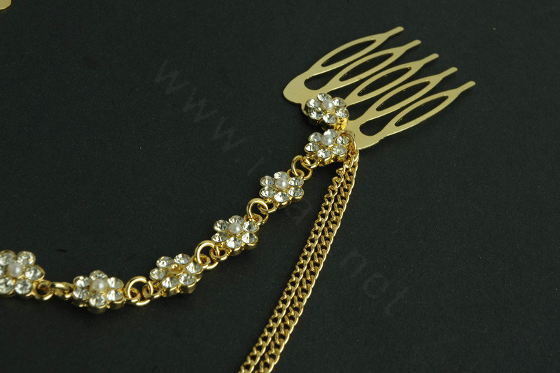 Retro Woman Gold Plated Alloy Rhinestone Diamond Flower Tassel Multilayer Hair Pin Comb Accessories