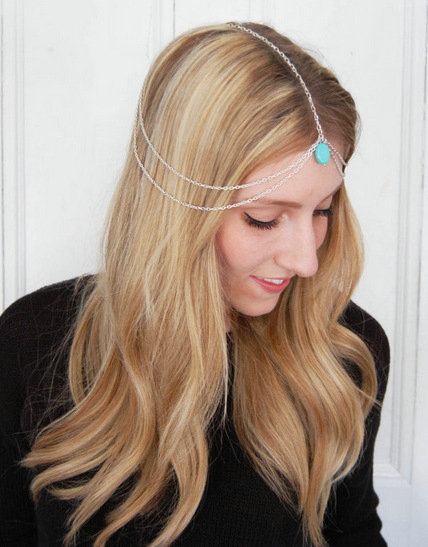 Retro Woman Gold Plated Alloy Water drops Turquoise Tassel Multilayer Hair Headband Accessories
