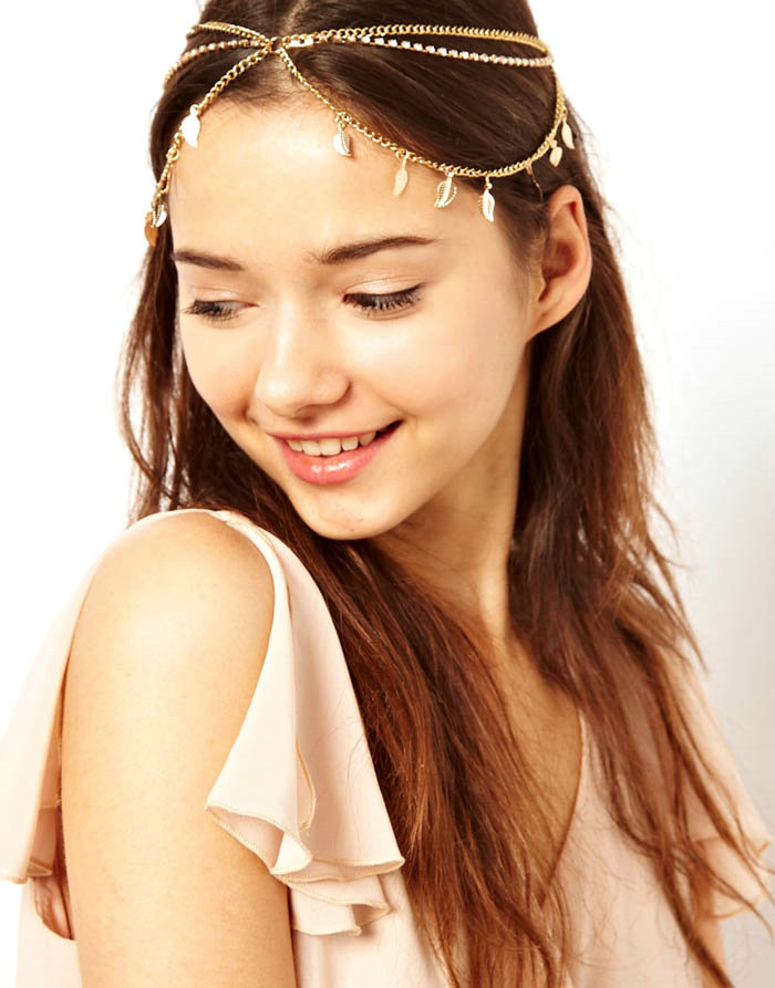 Retro Woman Gold Plated Multilayer River Island Leaf Tassel Chain Stretch Head Band Hair Accessories