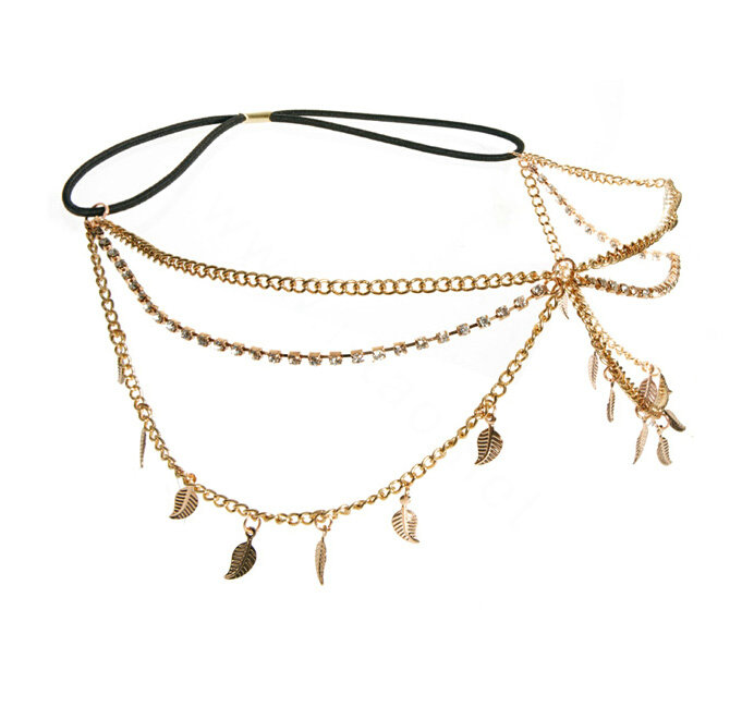 Retro Woman Gold Plated Multilayer River Island Leaf Tassel Chain Stretch Head Band Hair Accessories