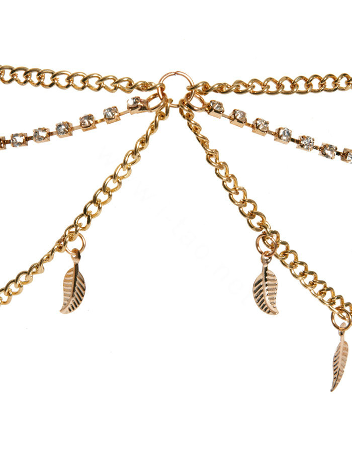 Retro Woman Gold Plated Multilayer River Island Leaf Tassel Chain Stretch Head Band Hair Accessories