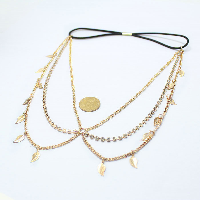Retro Woman Gold Plated Multilayer River Island Leaf Tassel Chain Stretch Head Band Hair Accessories