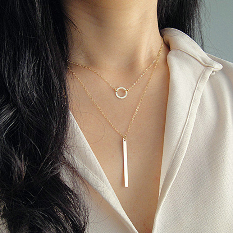 Simple Fashion Big-name Women Gold-plated Double layer Metal Strip Circle Necklace Clavicle Chain
