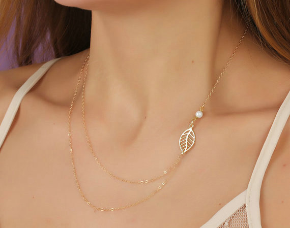 Simple Fashion Women Forest girl Two layer Gold-plated Metal Leaves Pearl Necklace Clavicle Chain