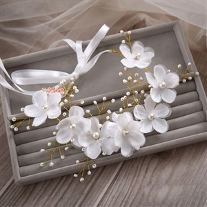 Simple Wedding Gold Headdress By hand Pearl Lace Flower Bridal Headband Ribbon Hair Accessories