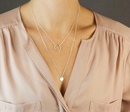 Unique Fashion Women Double layer Gold-plated Metal Circle Ring Sequins Necklace Clavicle Chain