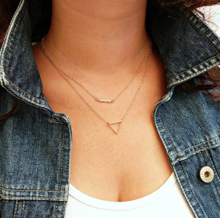 Unique Fashion Women Double layer Gold-plated Pearl Metal Hollow Triangle Necklace Clavicle Chain