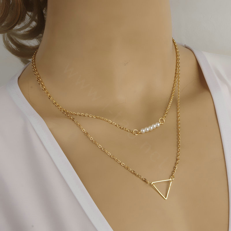 Unique Fashion Women Double layer Gold-plated Pearl Metal Hollow Triangle Necklace Clavicle Chain
