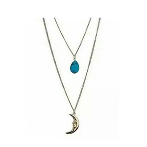 Unique Fashion Women Double layer Gold-plated Turquoise Metal Moon Necklace Clavicle Chain