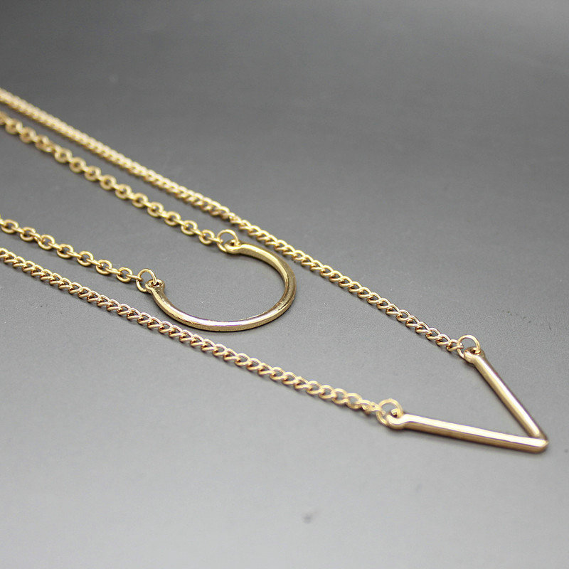Unique Fashion Women Double layer Golden Gold-plated Geometry Triangular Necklace Clavicle Chain